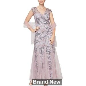 Alex Evenings Long V Neck Evening Dress With Shawl